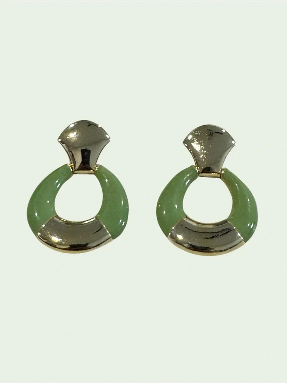 Retro Mint Green Enamel Gold Tone Earrings, 80’s inspired, geometric